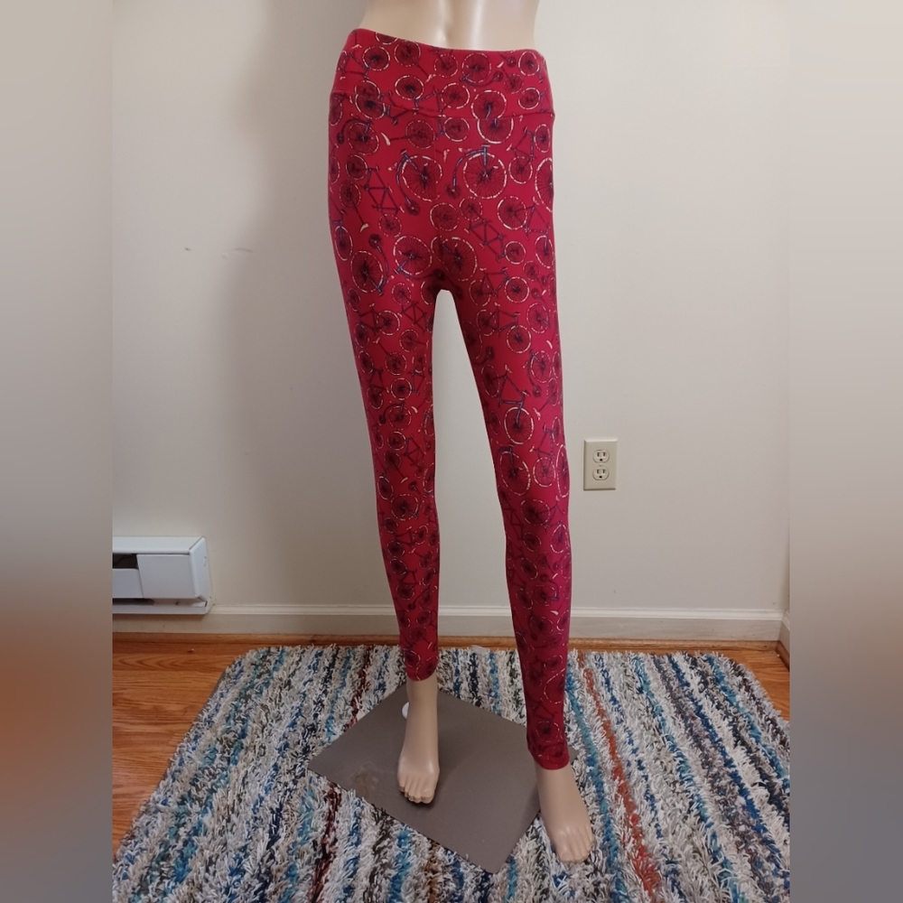 🤍 EUC LuLaRoe Red, Blue & White Bicycle Print Leggings OS